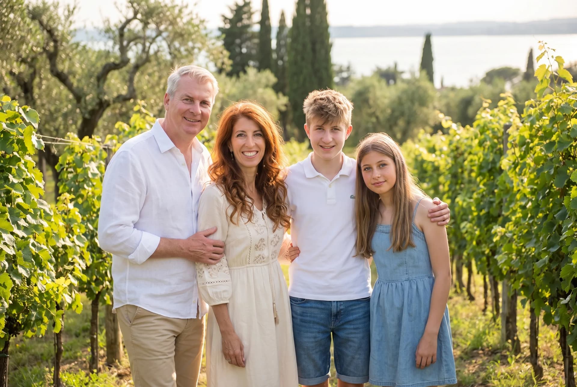 Susanne Obwexer and Herbert Grunser with their children Jan and Anja in a vineyard above Lake Garda